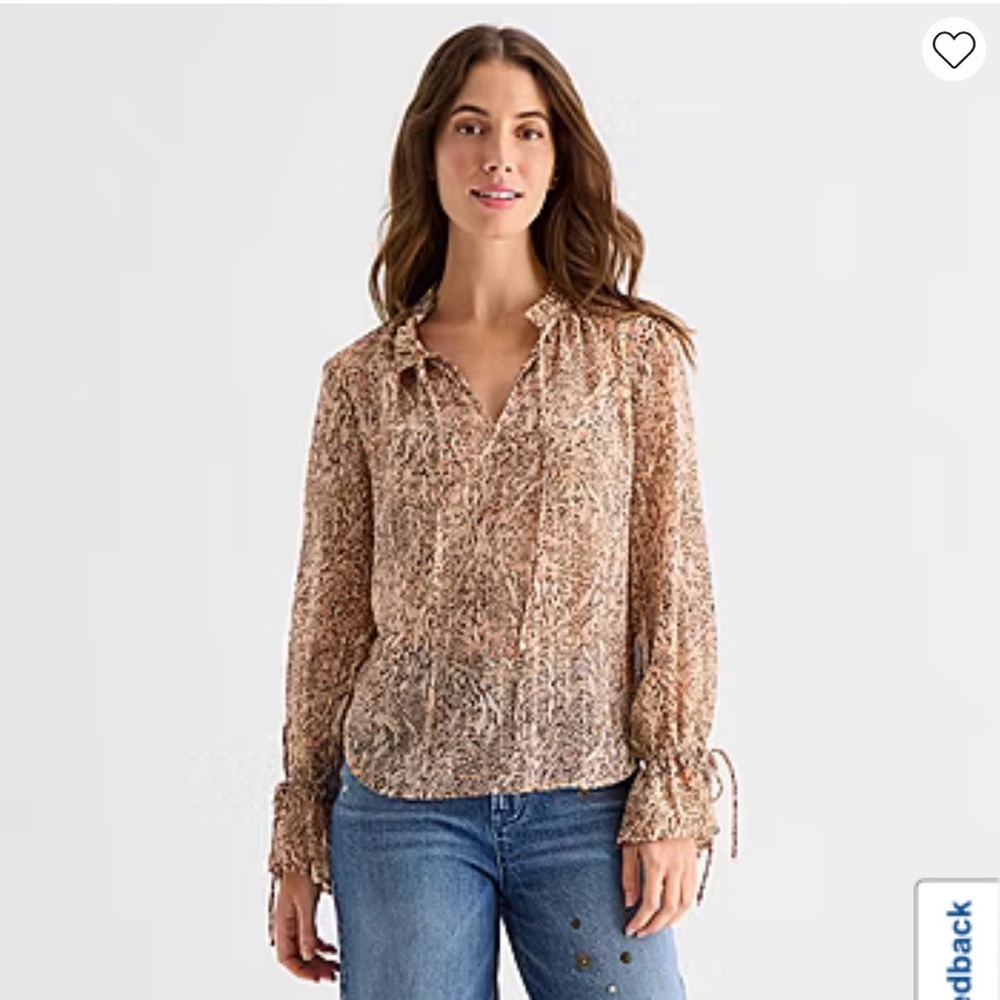 a.n.a Sheer Womens Split Tie Neck Long Sleeve Blouse